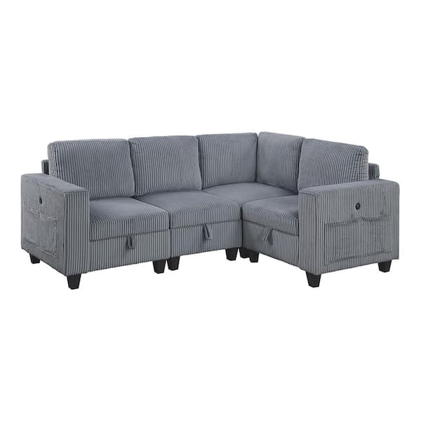 Lazzara Kieran 89 in. Straight Arm Corduroy Fabric 4-Piece Sectional Sofa in. Dark Gray with Storage, Pouches and Charging Ports