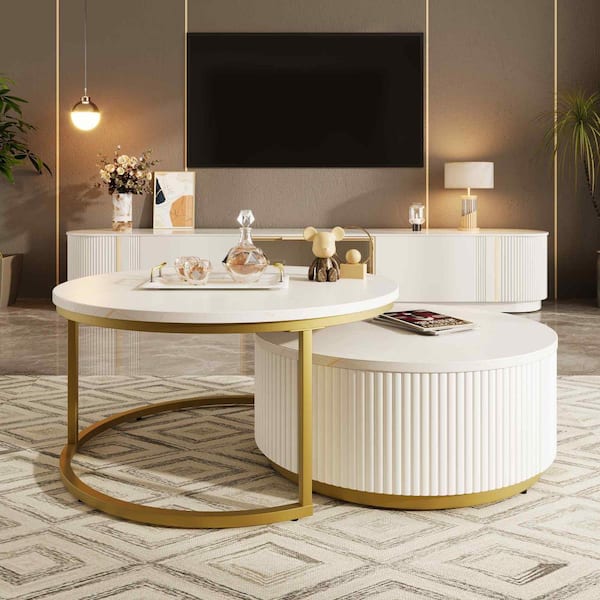Polibi 27.6 in. White Round MDF Coffee Table with Storage
