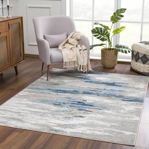 Liverpool Collection 8 ft X 10 ft. Blue, Gray, Off White, Mustard Marble Modern Abstract Contemporary Style Area Rug
