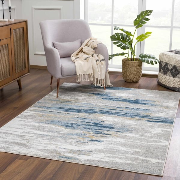 Liverpool Collection Blue, Gray, Off White 5 ft X 7 ft. Modern Abstract Contemporary Living Room Area Rug