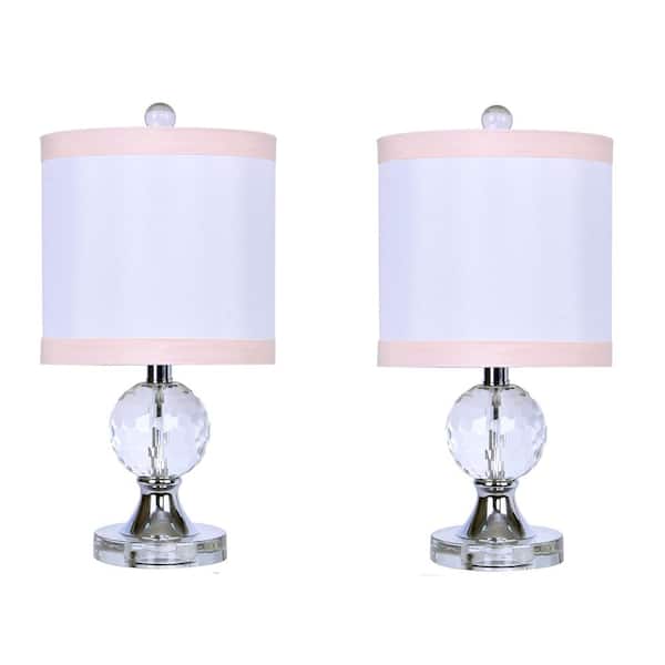 GRANDVIEW GALLERY 18 in. Crystal Table Lamp with Chrome Accents and White Silk-Like Shade with Light Pink Trim (2-Pack)