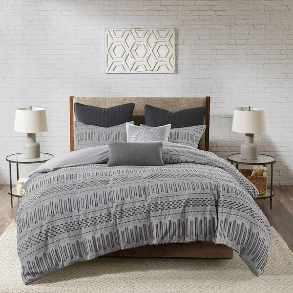 INK+IVY Rhea 3-Piece Grey/Black Cotton Full/Queen Comforter Set