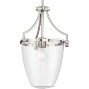 Parkhurst Collection 11.5 in. 1-Light Brushed Nickel Mini-Pendant with Clear Glass Shade for Kitchen