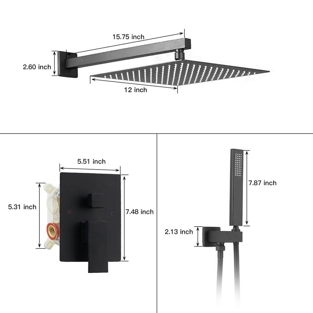 Matte Black 12-Inch Square Rain Shower Faucet Set