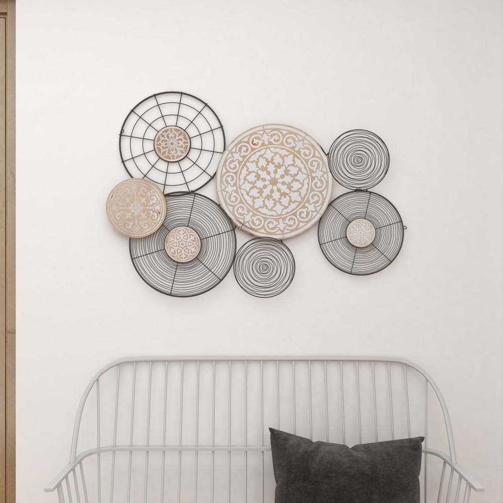 Boho Black and Beige Metal and Pinewood Circle Wall Sculpture