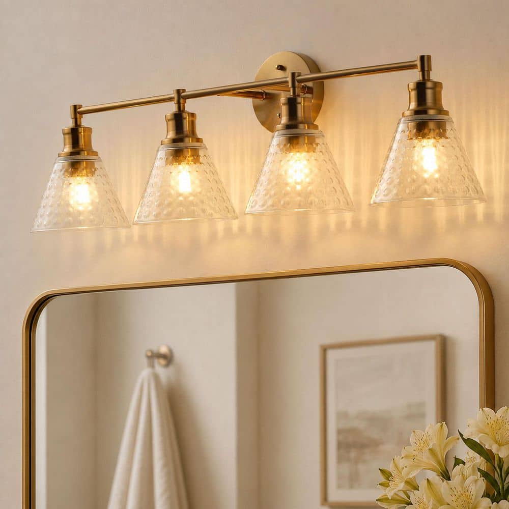 Vintage 31.89 in. 4-Light Antique Brass Bathroom Vanity Light Cone Wall Sconce Over Mirror with Clear Glass Shades price history on PriceWatchPro
