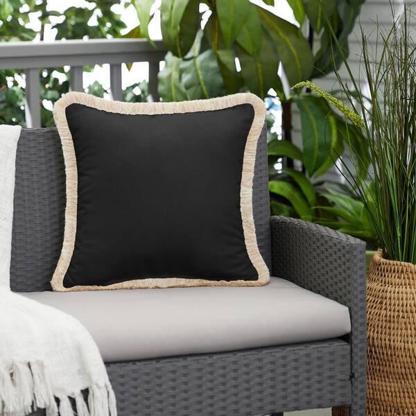 Sorra Home Sunbrella Canvas Black Outdoor Fringe Throw Pillows Hd376021sp - Home Depot Patio Accent Pillows
