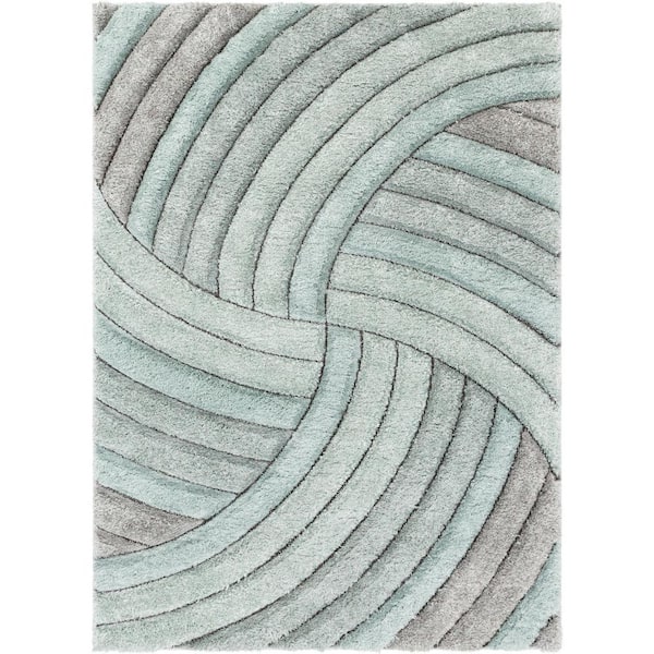 Well Woven San Francisco Ucci Blue Modern Geometric Stripes 5 ft. 3 in. x 7 ft. 3 in. 3D Carved Shag Area Rug