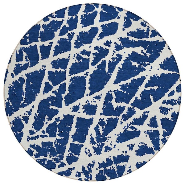 HomeRoots Blue and White 8 ft. Round Abstract Indoor / Outdoor Area Rug ...