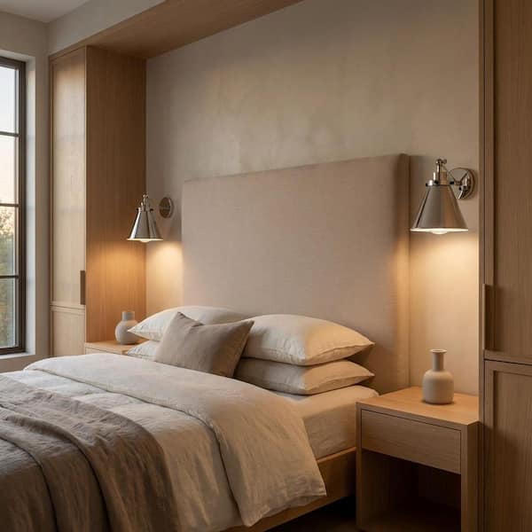 Wellfleet 7.25 in. W x 8.875 in. H 1-Light Polished Nickel Dimmable 1-Arm Wall Sconce with Metal Cone Shade