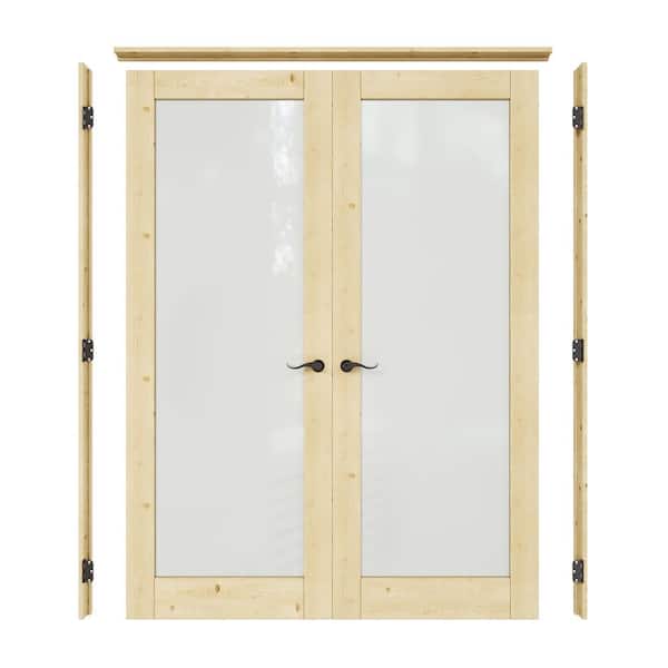 56 in. x 80 in. 1-Lite Frosted Glass Universal Solid Core Unfinished Pine Wood Double Prehung French Door Plus Pine Jamb