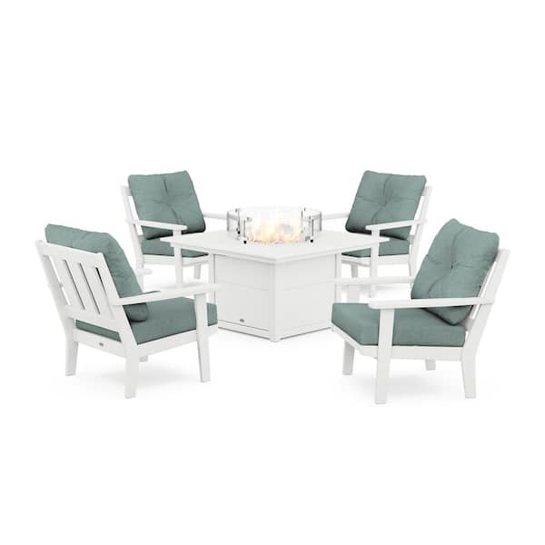 POLYWOOD Oxford 5-Pieces Plastic Patio Fire Pit Deep Seating Set in White with Glacier Spa Cushions