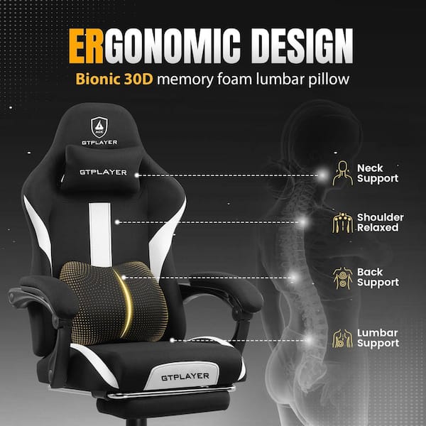 Breathable Fabric Computer Chair with Footrest and Pocket Spring Cushion Ergonomic Gaming Chair, White