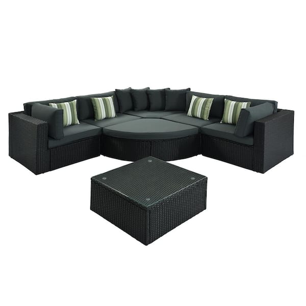 Sudzendf Black 7-Piece Wicker Outdoor Sectional Set Conversation Sofa with Gray Cushions and Striped Green Pillows