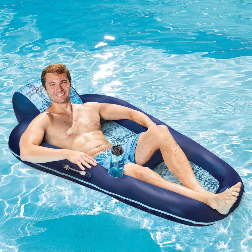 Extra Large Blue Inflatable Pool Lounger with Headrest and Cupholder