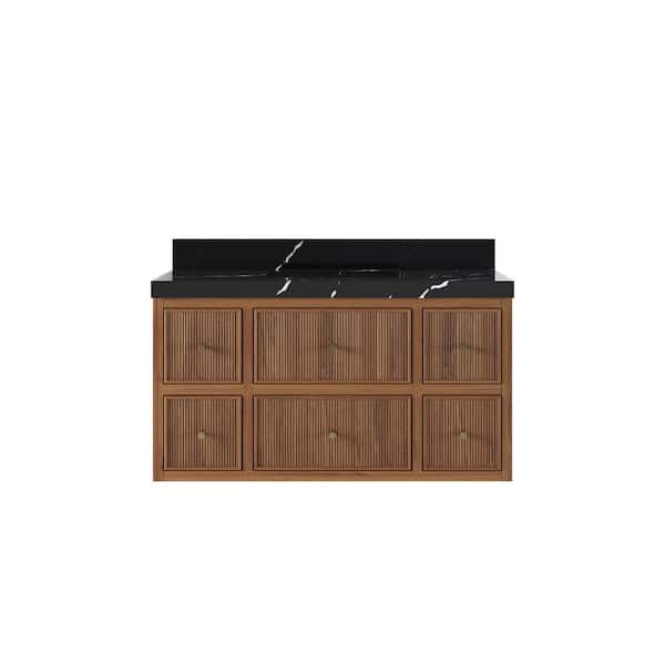 Willow Collections Sonoma Floating 42 in. W x 22 in. D x 36 in. H Single Sink Bath Vanity Dark Natural with 2 in. Calacatta Black Qt. Top