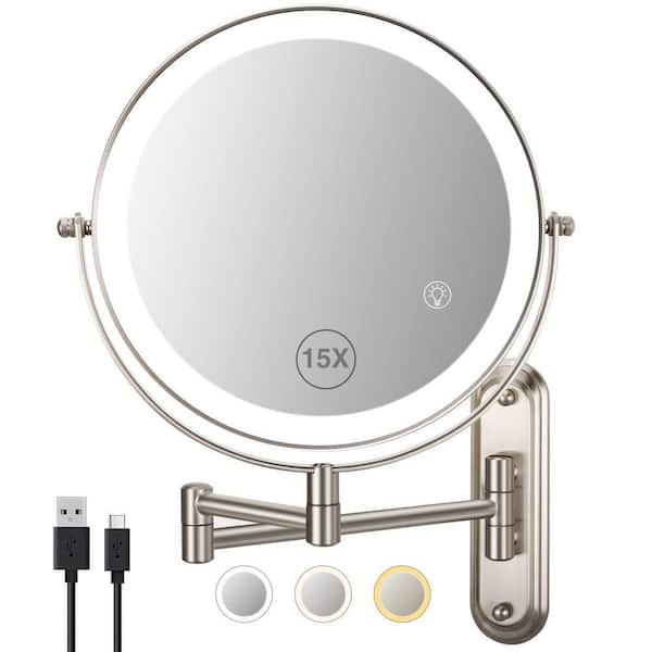 8.5 in.W x 8.5 in.H Round Swing Arms LED Wall Mount Bathroom Makeup Mirror in Nickel-15X,3-Adjustable Light,Magnifying