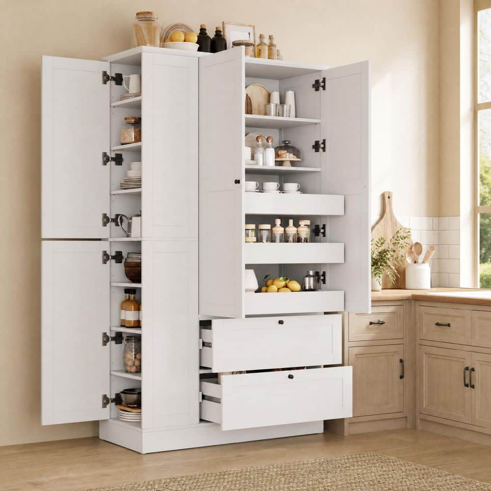 White Wood 44.4 in. x 73.6 in. Pantry Cabinet with 8 Shelves,2 Drawers, 3 Pull-Out Trays, 4 Doors and Side Cabinets price history on PriceWatchPro