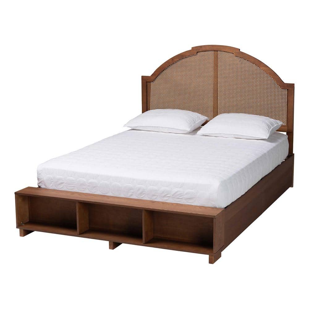Walnut Brown Queen Bed with Rattan Headboard and Storage Drawers