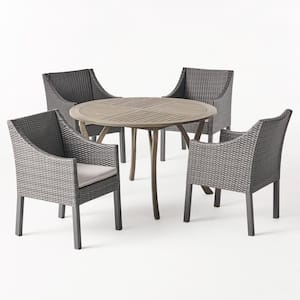 Kingston Gray 5-Piece Wood and Faux Rattan Outdoor Dining Set with Silver Cushions