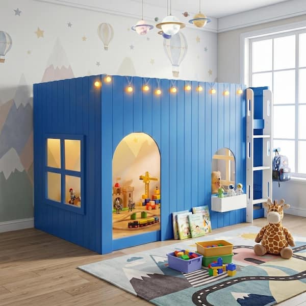 Harper & Bright Designs Klein Blue Twin Wood Playhouse Loft Bed with ...