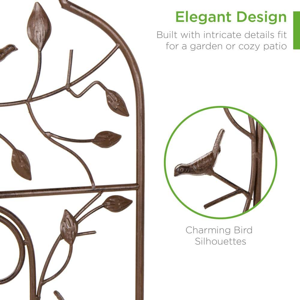 Bronze Iron Arched Garden Trellis with Bird and Branch Design