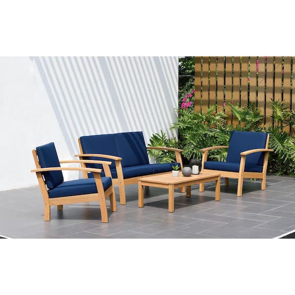 Amazonia Giles 4-Piece Eucalyptus Patio Deep Seating Set with Blue Cushion