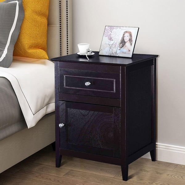 Costway 1-Drawer Espresso Nightstand 18.9 in. x 15 in. x 25 in. End Table Living Room Furniture Espresso Beechwood