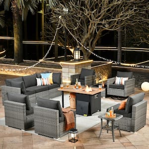 Sanibel Gray 11-Piece Wicker Outdoor Patio Conversation Sofa Sectional Set with a Storage Fire Pit and Black Cushions