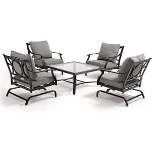 Black 5-Piece Outdoor Iron Patio Conversation Set Rocking Patio Chair Set with Gray Cushions