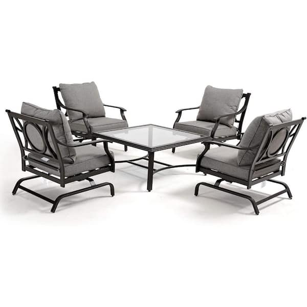 Afoxsos Black 5-Piece Outdoor Iron Patio Conversation Set Rocking Patio Chair Set with Gray Cushions