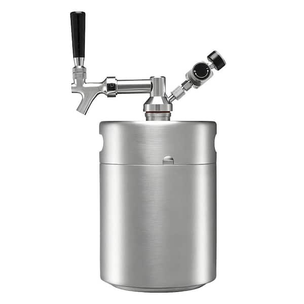 128 oz. Mini Keg with Pressurized Tap System, Silver, 304 Stainless Steel Beer Dispenser Kit, Includes CO2 Regulator