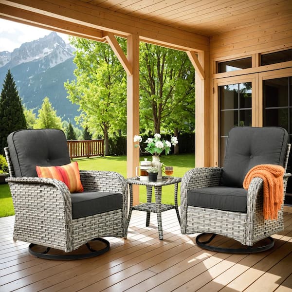 Charlotte 3-Piece Wicker Outdoor Rocking Chair with Black Cushions