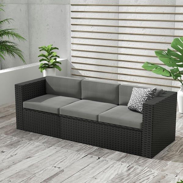 Kaison Black PE Rattan Wicker Outdoor Couch with Gray Cushions