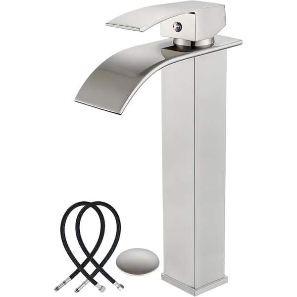 Single Handle Waterfall Spout Deck Mount Bathroom Faucet with Drain Kit Included in Brushed Nickel