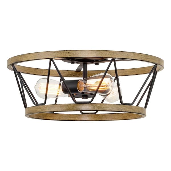 Kira Home Sterling 17 in. 60-Watt 3-Light Black Farmhouse Flush Mount with Smoked Birch Wood Style Shade, No Bulb Included
