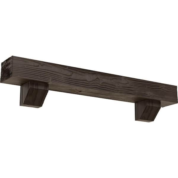 Ekena Millwork 8 in. x 12 in. x 7 ft. Sandblasted Faux Wood Fireplace Mantel Kit with Ashford Corbels, Natural Honey Dew
