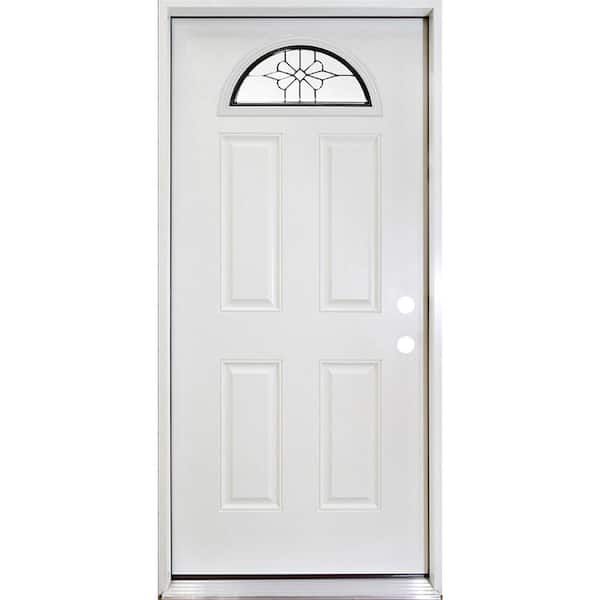 Steves & Sons 36 in. x 80 in. Element 4-Panel Craftsman Galt Decorative 1/4-Lite Left Hand/IS White Primed Steel Prehung Front Door