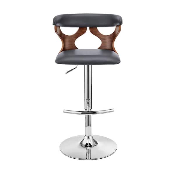 HomeRoots 43 in. Gray Faux Leather and Iron Swivel Adjustable Height Bar Chair