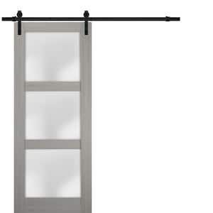 2552 18 in. x 96 in. 3 Panel Gray Finished Pine Wood Sliding Door with Black Barn Hardware
