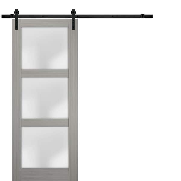 Sartodoors 36 in. x 96 in. 3-Panel Gray Finished Pine Wood Sliding Door with Black Barn Hardware