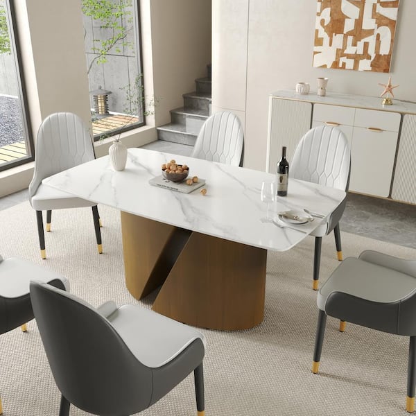J&E Home Texture White Rectangle Marble Top 71 in. Pedestal Dining Table Seats 8
