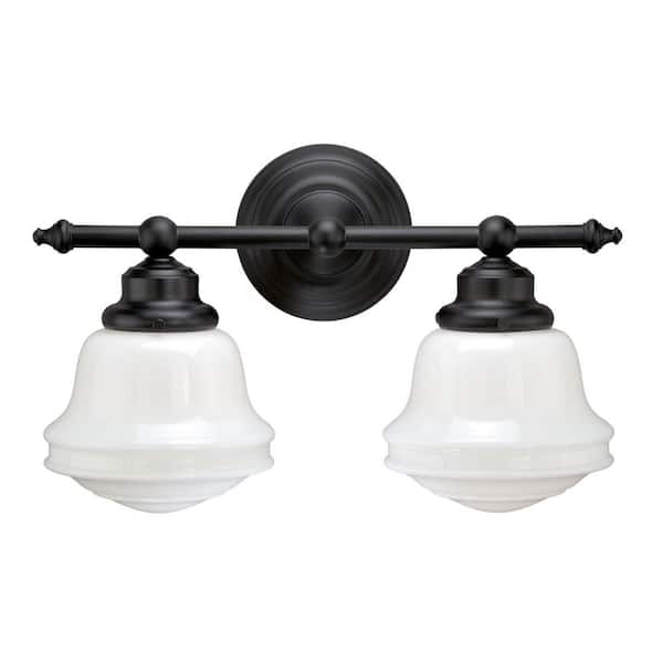 Huntley 16 in. W 2-Light Oil Rubbed Bronze Vanity Light Fixture White Milk Schoolhouse Glass Bathroom Wall Lighting