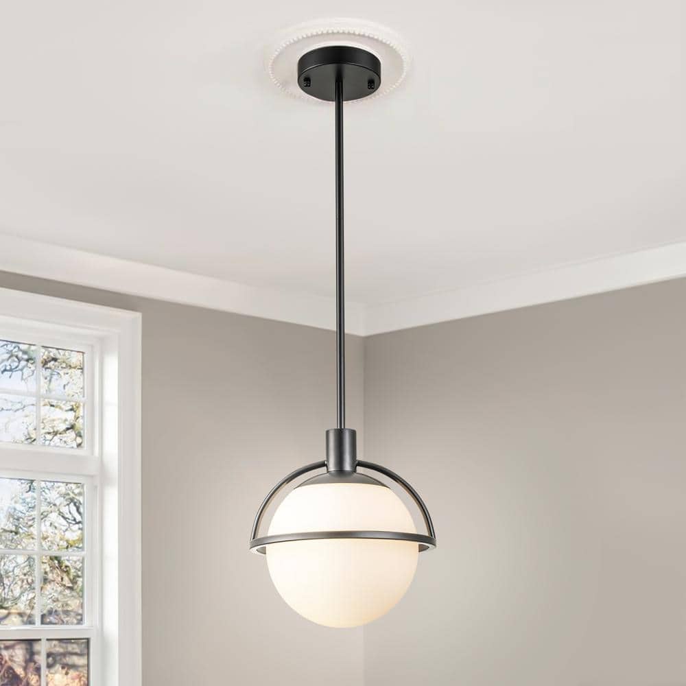 1-Light Matte Black Modern/Contemporary Globe Opal Glass Hanging Pendant Li