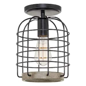 Sawyer 7.25 in 60-Watt 1-Light Black Industrial Semi-Flush with Coarse Black Shade, No Bulb Included