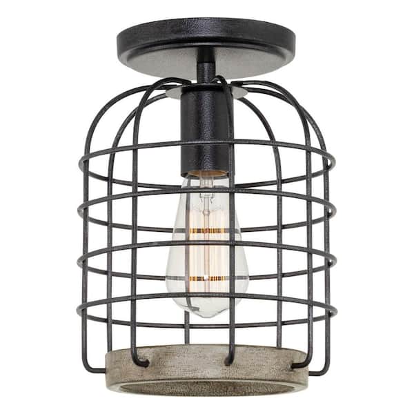Kira Home Sawyer 7.25 in 60-Watt 1-Light Black Industrial Semi-Flush with Coarse Black Shade, No Bulb Included