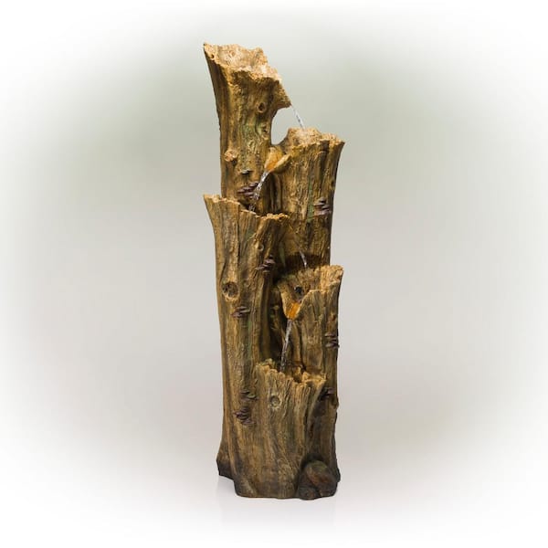 Alpine Corporation 65 in. Tall Outdoor 4-Tier Cascading Tree Bark Water Fountain with LED Lights