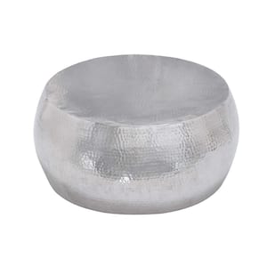 30 in. Silver Round Aluminum Drum Shaped Coffee Table with Hammered Design