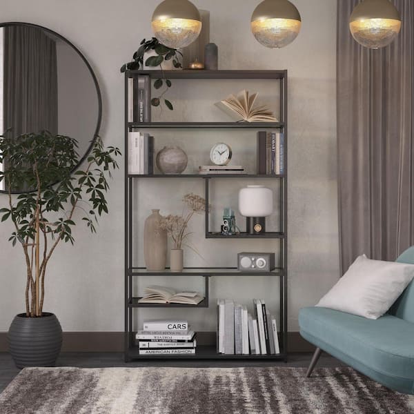 Terra 7-Shelf Bookcase Etagere, Black/Black Marble/Glass