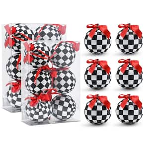 Black and White Ornaments - Glittered Checkered Ball Ornament with Red Bow Christmas Tree Decoration Set (Pack of 12)